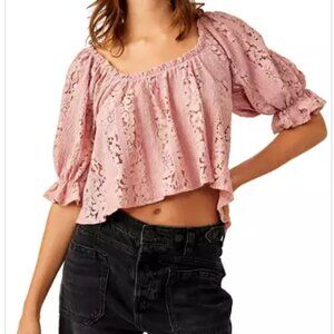 Free People Stacey Puff Sleeve Lace Crop Top M